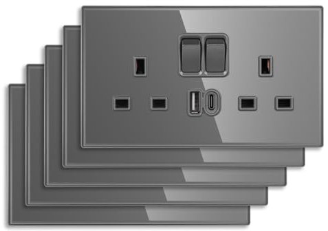 CNBINGO Double Switched Socket with 20W PD USB C and A Fast Charging Ports, Electric Power Sockets 2 Gang 13 Amp, Wall Outlet Grey Tempered Glass Panel, 5 Pack
