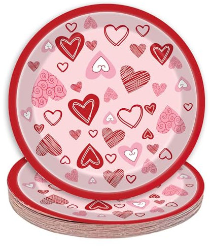 BASEMMAHER Valentine's Day Party Supplies Red Pink Lovely Heart Paper Plates Disposable Dinnerware Dessert Dinner Plate Set for Engagements Weddings Anniversary Birthday Party Decorations Serves 24