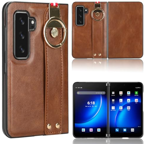 BAILI Hülle für Microsoft Surface Duo 2 mit Ständer, Handgelenkriemen + Objektivschutz Microsoft Surface Duo 2 Schutzhülle Case, Unsichtbarer Metallring mit Ständer Handytasche-Braun