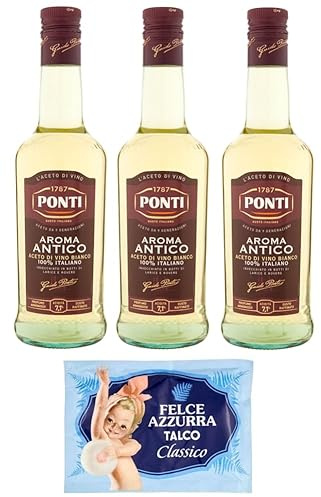 3er-Pack Ponti Weißweinessig,Aroma Antico Aceto di Vino Bianco,100% Italienischer Essig,500ml Glasflasche + 1er-Pack Kostenlos Felce Azzurra Talkumpuder, 100g-Beutel
