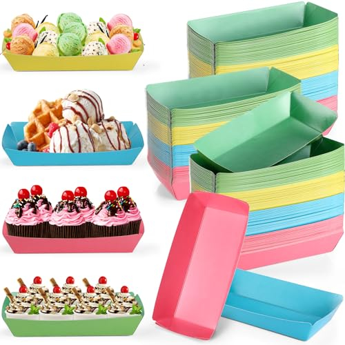 FoldTier 100 Pack 8oz Paper Banana Split Boats Durable Paper Food Boat Trays Disposable Ice Cream Sundae Dishware Bowl Boats Plate for Party Serving Snack Candy Salad (Dot Style,Vividcolor)