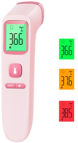 Thermomètre frontal numérique sans contact pour bébés et adultes avec valeurs de mesure précises instantanées, alarme de fièvre, écran LCD et 35 rappels de mémoire (rose)