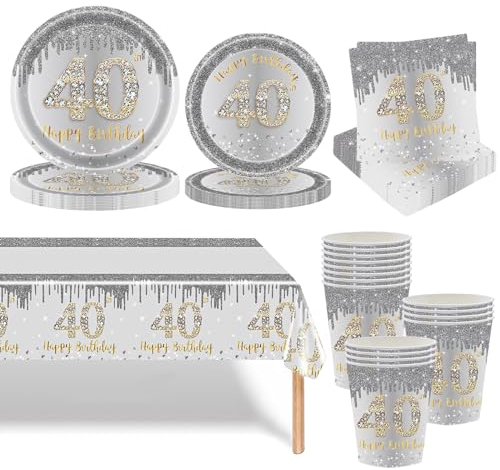 69 P Silver and Gold 40th Birthday Tableware Set Decor,Paper Cups Napkins Plates(7in+9in) and Table Cloth in Silver,Disposable Paper Dinnerware Decorations for Her Him 40th Birthday Gift Party