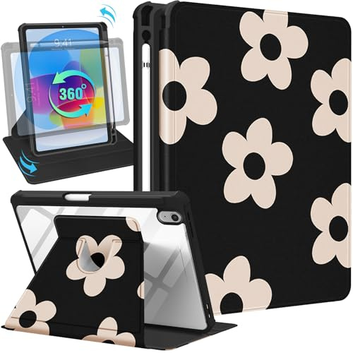SurgeCraft for iPad 10th Generation Case 10.9 Inch 2022, 360 Degree Rotating Stand with Pencil Holder for Women Girls Cute Folio Cover Girly Flower Black Aesthetic for Apple iPad 10th Gen Cases