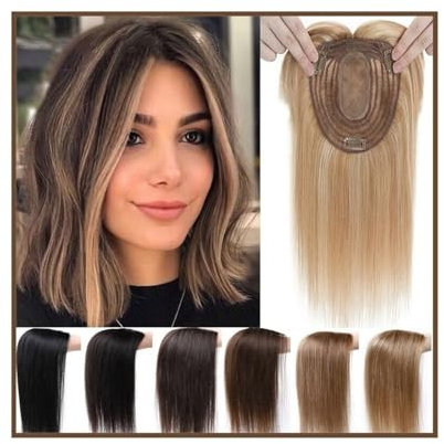 Gewellte Perücke Echthaar Topper mit Pony 12×13cm Silk Base Haarteil 10-14 Indian Remy Haar Clip in Gerade Haarverlängerung für Frauen mit dünner werdendem Haar Perückengriff(Size:35cm