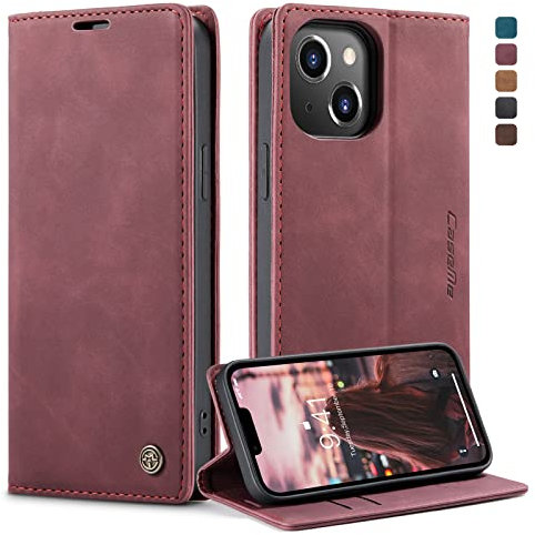 owlhold Handyhülle für iPhone 14 Hülle, Premium Lederhülle Weiches Vintage-Nubukleder Faltbare Ständer Klapphülle Kartenfach Standfunktion stoßfest Schutzhülle für iPhone 14 -Weinrot