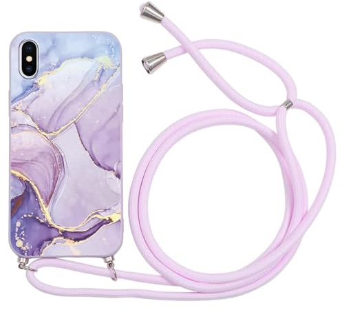 ZhuoFan Handykette für iPhone XR Hülle mit Band, Aesthetic Marmor Muster Verstellbarer Halskette Handyhülle mit Kordel zum umhängen Violett Silikon Stoßfest Schutzhülle mit Kette, Marble