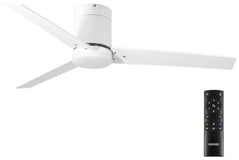 NORHES Boume Ventilador Techo Blanco/Madera Blanca. 3 Aspas Ø132cm. Luz Led 20W Neutra/Cálida/Extra Cálida. Motor DC. Verano/Invierno. 6 Velocidades. Control Remoto Temporizador. Silencioso. Brisa