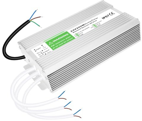 Transformador 220V a 24V 200W, 8.3A Fuente Alimentación LED, Driver LED Transformador 220V AC a 24V DC, IP67 Impermeable Convertidor, Transformer Conmutación para Lámpara LED y Tiras de Luces LED