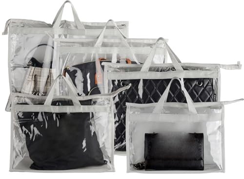 BEAHING 5PCS Dust Bags for Handbags, 5 Size Clear Purse Storage Organizer Handbag Dust Bags with Zipper and Handle for Closet, Grey