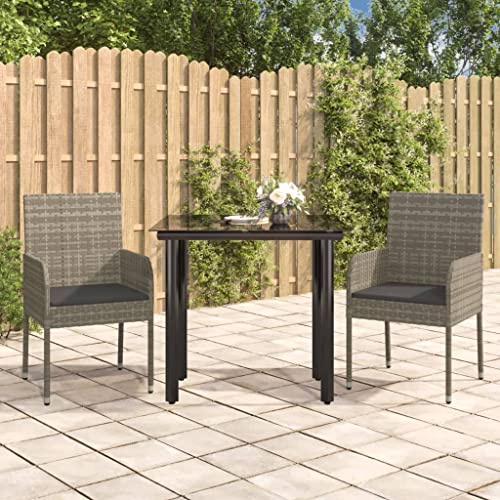 3-tlg. Garten-Essgruppe mit Kissen Schwarz und Grau Poly Rattan, Outdoor-Sitzgruppe, Terrassen-Lounge-Set, Garten-Couchgarnitur - Wetterbeständig, Komfortabel - für Terrasse, Garten und Balkon