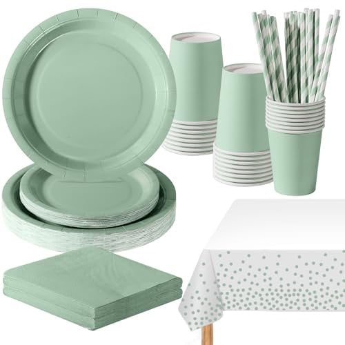 PYAILI 121 Pcs Sage Green Party Tableware Set, Paper Plates Cups Napkins Tablecloth, Dinnerware Set for Kids Adult Birthday,Wedding,Baby Shower Party Tableware