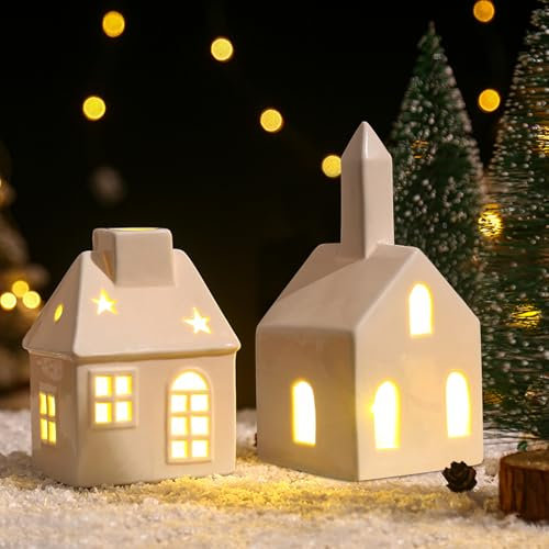 Xevinas Weihnachtsdeko Porzellan Häuser Weiß, Weihnachtshaus Beleuchtet Lichthaus Keramik, Lichthaus Weiss Weihnachtsdorf Mit Batteriebetriebenen LED Leuchten Weihnachten (C+D)