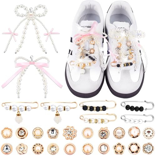 28Pcs Shoe Charms for Sneakers Bow Shoe Lace Charms Junk Sock Jewelry Kit for Women DIY Accessories Rhinestone Brooch Buttons Pearl Flower Clips Safety Pin Gold for Sneaker Hat Clothes Decoration