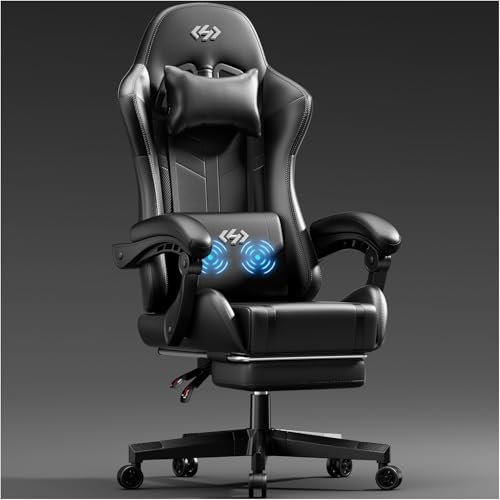 HLONONE Gaming Stuhl mit Massagefunktion, Ergonomischer Gamer Stuhl, Racing Gaming Sessel mit Fußstütze, Kopfstütze und Massage Lendenkissen, Gepolstert PC Stuhl, 150 kg Belastbarkeit, Schwarz