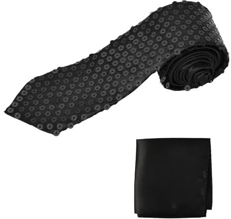 Wisebom Cravate à Paillette Cravate en Satin et Mouchoir de Poche Cravate Réglable Costumes Fête Cravates Unisexe Pailletée Brillant Cravate pour Mariage Festival Discothèque Carnaval (Noir)