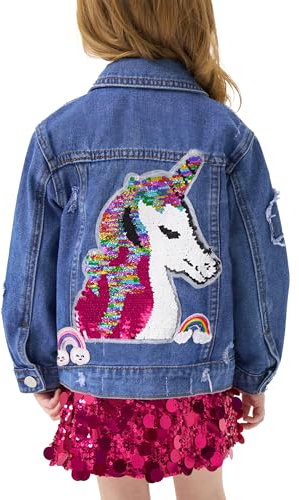 Miipat Girls Denim Jacket Sequin Patchwork Toddler Jean Jacket Button Down Fashion Jeans Coat with Pockets Longe Sleeve Outerwear for Kids 120 5-6 Years