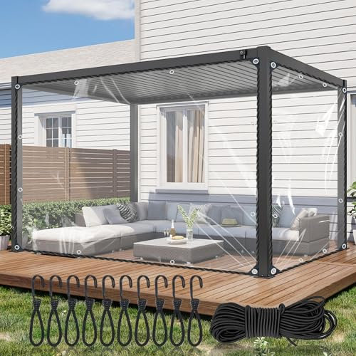 HUAESIN 2x3m Clear Tarpaulin Waterproof Heavy Duty 440g/m² PVC Clear Tarp with Eyelets, Elastic Rope, Bungee Cords with Hooks Large Transparent Tarpaulin Windproof Pergola Cover Gazebo Side Panels