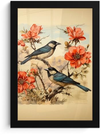 MuchoWow© Bilder mit Rahmen Poster Wanddekoration Wohnzimmer Deko Modern | 20x30 cm - Geschenke Bilderrahmen Vintage - Vögel - Blumen - Rot - Beige - Tiere - Zweige