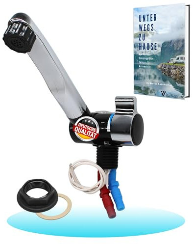 Comet Wasserhahn 12v London für Wohnmobil - Mit 2 Anschlüssen(warm und kalt), Schwarz/Chrom, Kompakter Camping Wasserhahn Mit Pumpe geeignet, Ideal Für Waschbecken Wohnmobil, wasserhahn wohnmobil