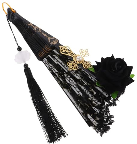 Housoutil Black Lace Rose Fan Folding Fan Retro Style for Halloween Party Decoration