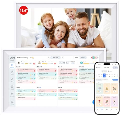 Digitaler Kalender, 15,6 Zoll, Wandkalender, Planer mit Touchscreen, elektronische Kalender für Familien-Organizer, Smart Chore Chart Sync mit Telefon per App für Mahlzeitenplaner, Foto-Share-Ständer