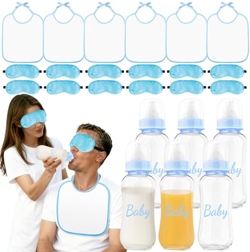 24 Pcs Babyparty Spiele Babyparty-Fütterspiel-Set zum Blinden-fütterungsspiel mit 6 Kunststoffflaschen, 6 Lätzchen und 12 Augenmasken, Babyparty-Fütterspiel-Set für Erwachsene, Jungen, Mädchen(Blau)