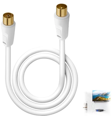 Dupoem Câble d'Extension d'Antenne TV de 1 Mètre, Câble Coaxial en Cuivre Pur à Double Blindage, Câble RF pour TV Numérique HD, Fiche Plaquée Or, Prend en Charge la Réception du Signal DVB-C (Blanc)