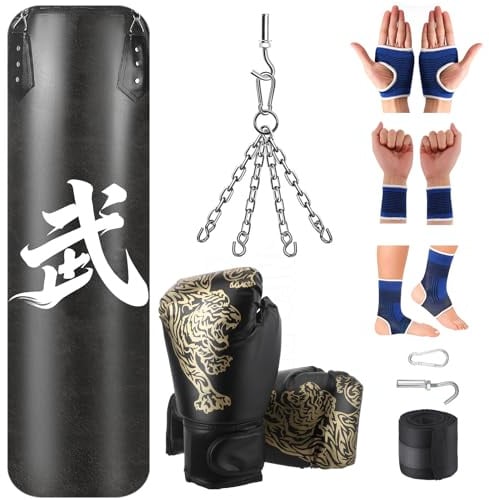 Boxsack Hängend Set, Boxsack Gefüllt für Erwachsene Kinder, 120cm Box Sack für Zuhause mit Boxhandschuhen, Wraps, Kette,Deckenhaken, Schwere Boxsäcke Kickboxsack für MMA Muay Thai Karate Taekwondo