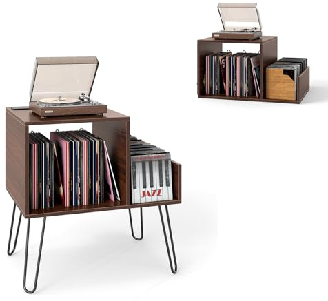 KOMFOTTEU Soporte para Tocadiscos con Estación de Carga, Estantería para Discos de Vinilo con Divisores y Estante Lateral, Mesa Auxiliar para hasta 145 Álbumes, Armario con Patas de Metal (Nogal)
