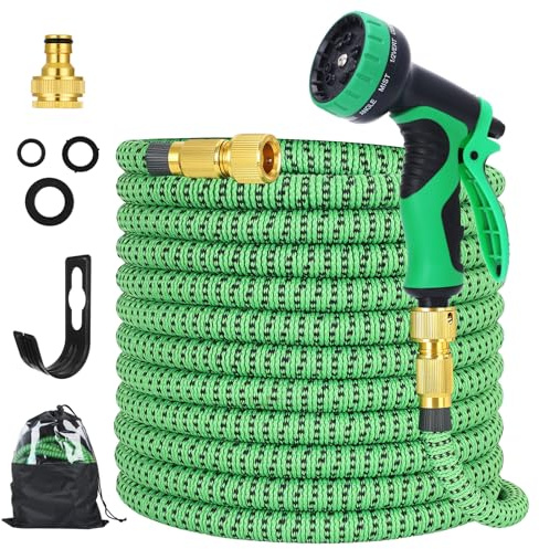 Expandable Garden Hose 75ft, with10-Function Hose Spray Gun. | High-density 3750D fabric durable latex expandable hose with 3/4-inch and 1/2-inch solid brass fittings.