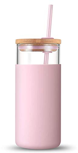 Yumira Vaso de cristal para café con pajita y tapa, 500 ml, transparente, ideal para café helado, agua, batidos.