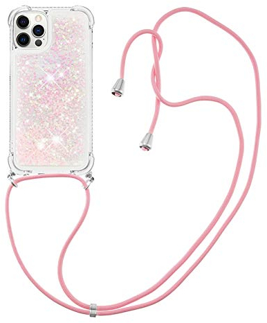 MRSTER Lanyard Phone Case for iPhone 12 Mini, Bling Glitter Quicksand Liquid Sparkle Silicone TPU Case Cover With Crossbody Necklace Cord Strap for iPhone 12 Mini 5.4”. LP Star Pink