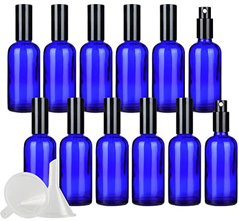 ZEOABSY 12 Pcs 100ml Empty Blue Glass with Fine Mist Spray Bottles Travel Portable Small Refillable Sprayer Bottles with Black Pump Head for Cosmetic Perfume Containers, with 3X Funnel