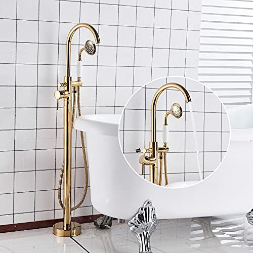 Huin Robinet de lavabo de baignoire monté au sol Mitigeur de salle de bain Ensemble de douche de bain Mitigeur de baignoire sur pied avec douchette-Or E