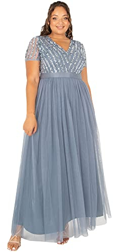 Maya Deluxe Vestido Mujer, Dama de Honor, Cuello En V, Manga Corta, Largo, Elegante, Cintura Imperio, Dusty Azul, 38