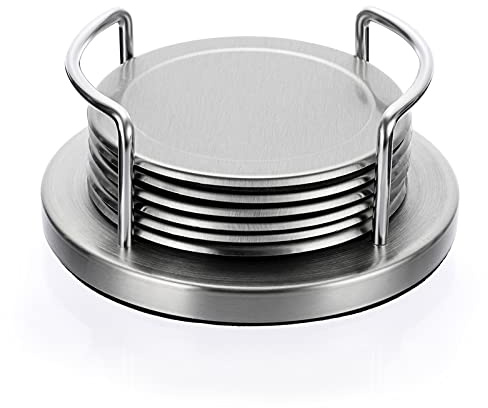 JUXYES Set mit 6 runden Untersetzern aus Edelstahl mit Halter und Schwammboden, silberfarbenes Metall-Untersetzer-Set, atemberaubende coole Untersetzer, Tassen, Matten, Bar, Esstisch