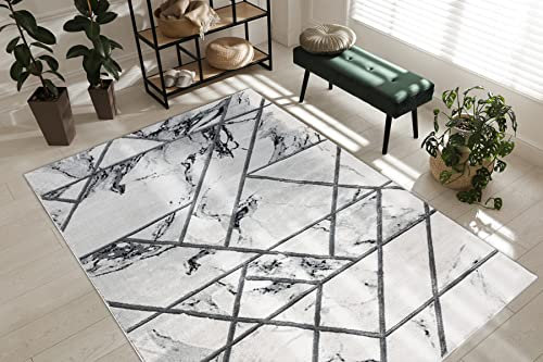 rugsx Exklusiv Emerald Teppich Glamour – Stilvoll, Marmor-Design, Geometrisch Weiß/Silber 160x220 cm Modern Teppich für Wohnzimmer