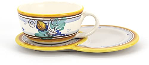 CEAR ceramiche - Tazza da colazione tipo Jumbo con manico in ceramica con piatto vassoio porta biscotti/brioche. Ceramica siciliana di Caltagirone decorata a mano