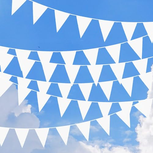 GAROMIA 12m Wimpelkette, 50 Wimpel Banner Set Weiß Wimpel Girlande Wimpelkette Stoff, Wimpelkette Draußen Outdoor Dekoration, Weiß Wimpelkette für Hochzeits Geburtstag Geburtstag