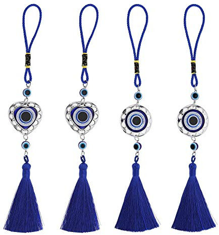 The Lord of the Tools 4 Piezas de Adorno Colgante de Mal de Ojo Colgante de Ojo Turco Decoración de Amuleto de Protección de La Suerte con Borla de Cuentas Azules para Espejo Retrovisor Puerta