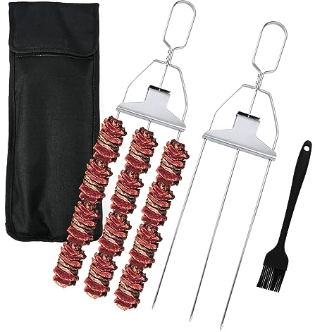 2pcs 3 Way Grill Stainless Steel Skewers, Barbecue Skewers for Grill 3-Prong Skewers Stainless Steel Kebab Skewers with Pusher Slider for Meat Vegetables BBQ Accessories