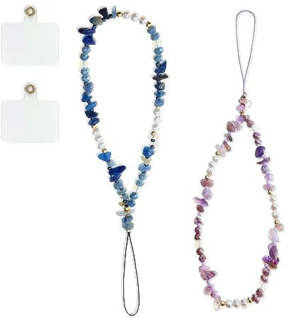 RTRTGS 2piezas de abalorios para teléfono celular, correa de muñeca hecha a mano, piedra natural, cordón para teléfono celular, correa de muñeca con 2 cordones para teléfono