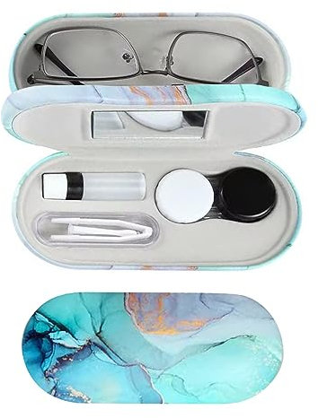 MUDOR 2-in-1-Kontaktlinsenbehälter, doppelseitiges Kontaktlinsen-Reise-Set inklusive Entferner mit Pinzette, Dual-Use-Design für Kontaktlinsenbehälter und Brillenetui (Marmorgrün)