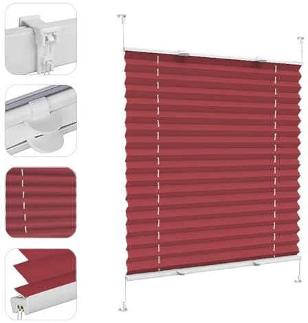 Verdunklungsplissee, 75 x 160 cm Sicht- und Sonnenschutz, Jalousien zum Klemmen Klemmfix ohne Bohren, für Fenster & Balkontür, Rot