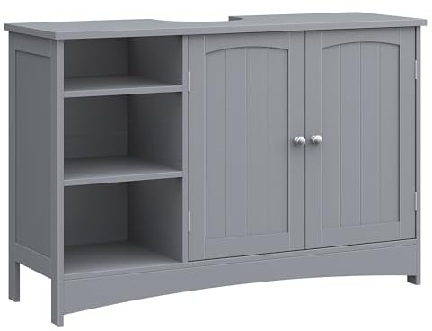 VASAGLE Waschbeckenunterschrank, Unterschrank, Badezimmerschrank, extra lang, 30 x 90 x 60 cm, 2 Türen, Badschrank, offene Fächer, höhenverstellbare Ablagen, Taubengrau BBC410P36
