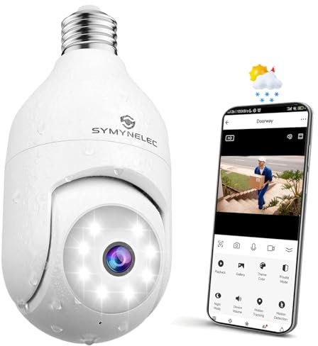 SYMYNELEC Telecamera Lampadina WiFi Esterno, 2K 4MP Videocamera Sorveglianza di Sicurezza Senza Fili con Allarme Sonoro e Luminoso, Visione Notturna a Colori, Audio Bidirezionale Compatibile con Alexa