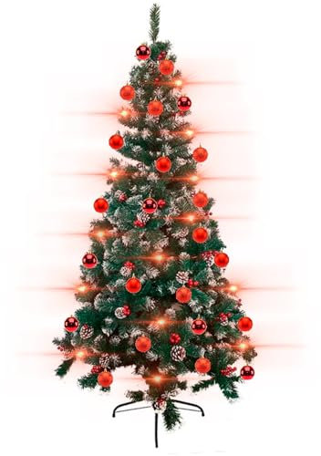 AC - Árbol de Navidad con piñas y Bayas - Decorado con Set de 42 Bolas con Estrella Color Rojo y Luces Leds Navideñas a Pilas Calidas (300 Leds) - Altura del Árbol: 180 cm - Fácil Montaje