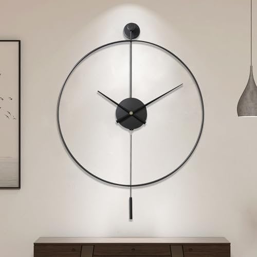 Classical Large Decorative Wall Clock with Pendulum, Modern Non-Ticking Silent Metal Wall Clocks for Living Room, Bedroom, Study, Office, 24in/60cm(Black)