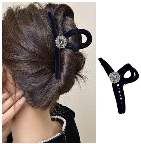 Dervivea Vintage Black Rhinestone Velvet Hairclip Claw Clip - Large Thick Curly Hair Clip Decorative Accessories for Women and Girls